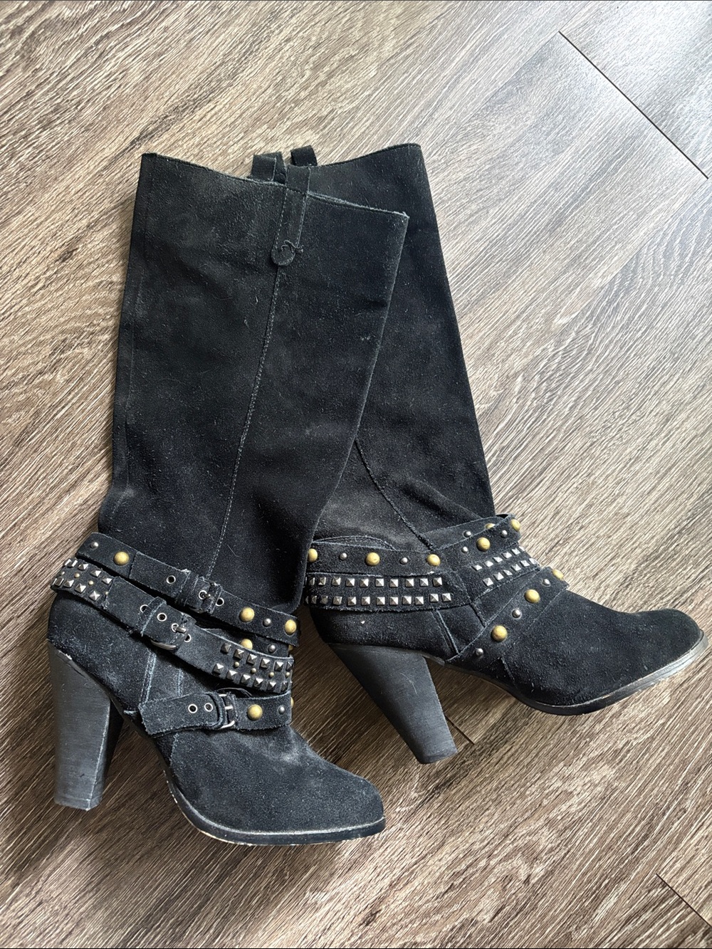 Suede Studded Buckle Heeled Boots